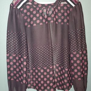 WHO WHAT WEAR purple black sheer polka dot blouse